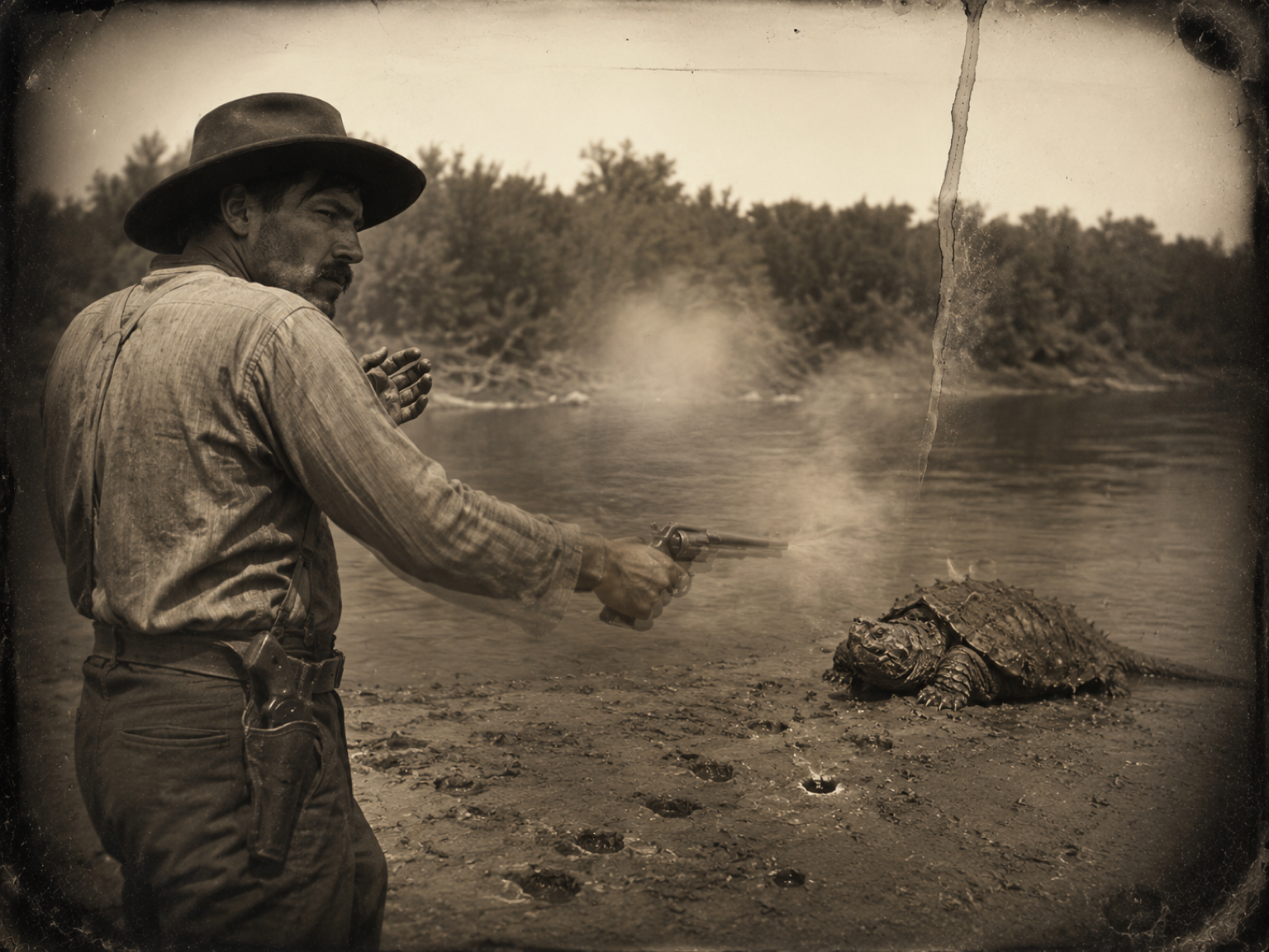 Jake walks down to the water and empties his pistol at the turtle left-handed, every bullet plopping into the mud.