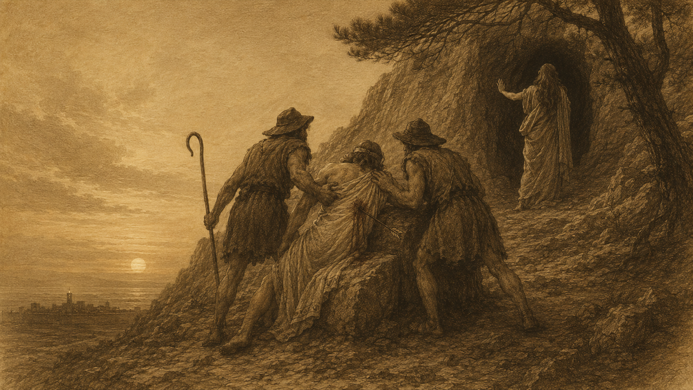 Pen-and-ink: The Death of Paris by the Arrow of Heracles