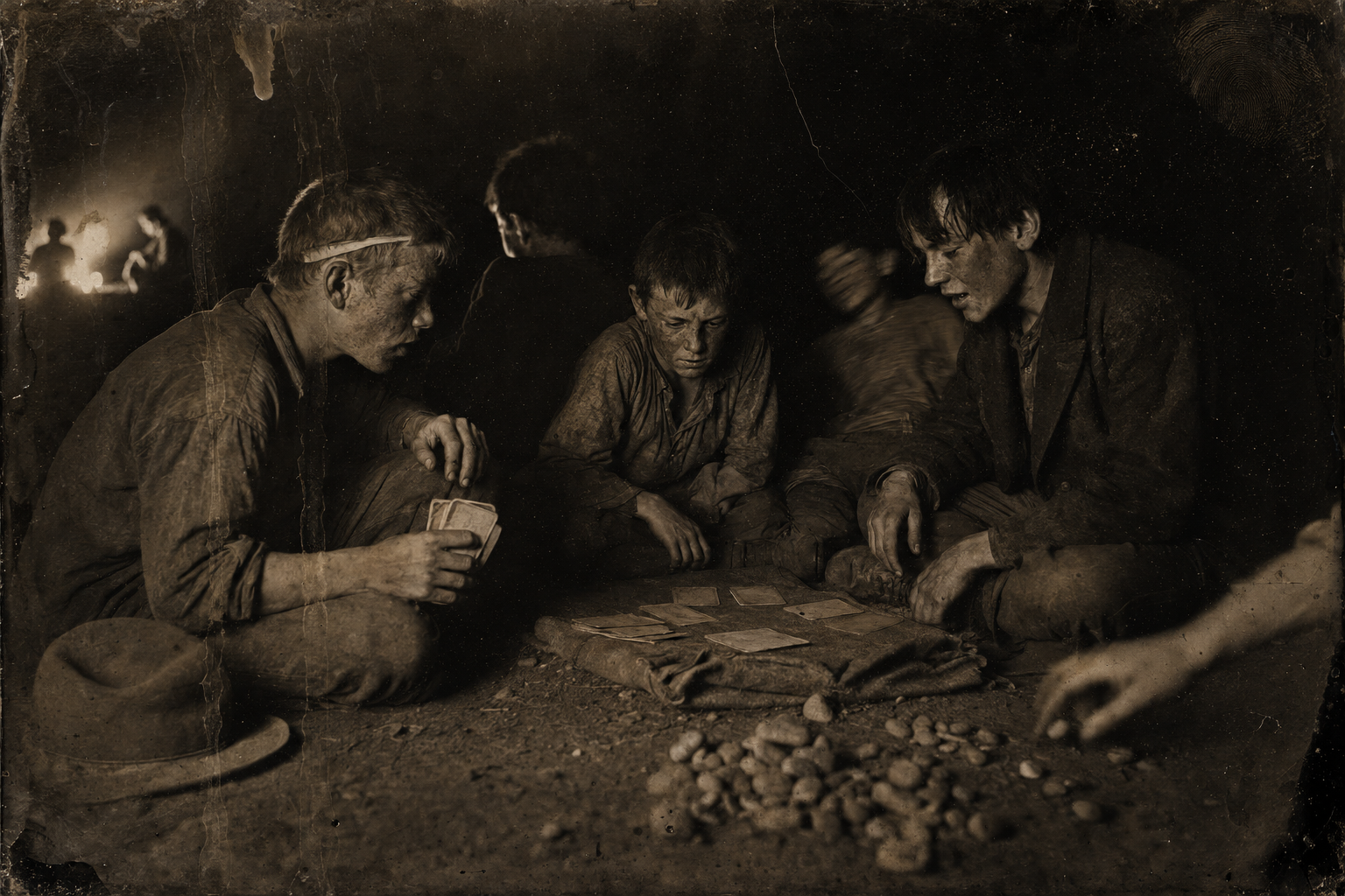 The boys, barred from the men's game, play among themselves for pebbles with the borrowed deck.