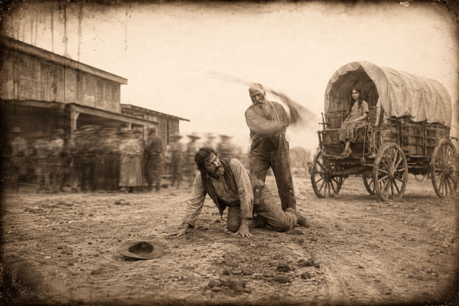 Knocked flat from behind with the ten-gauge, Jake on his knees in the dirt while the old nester draws the shotgun back for a second blow.