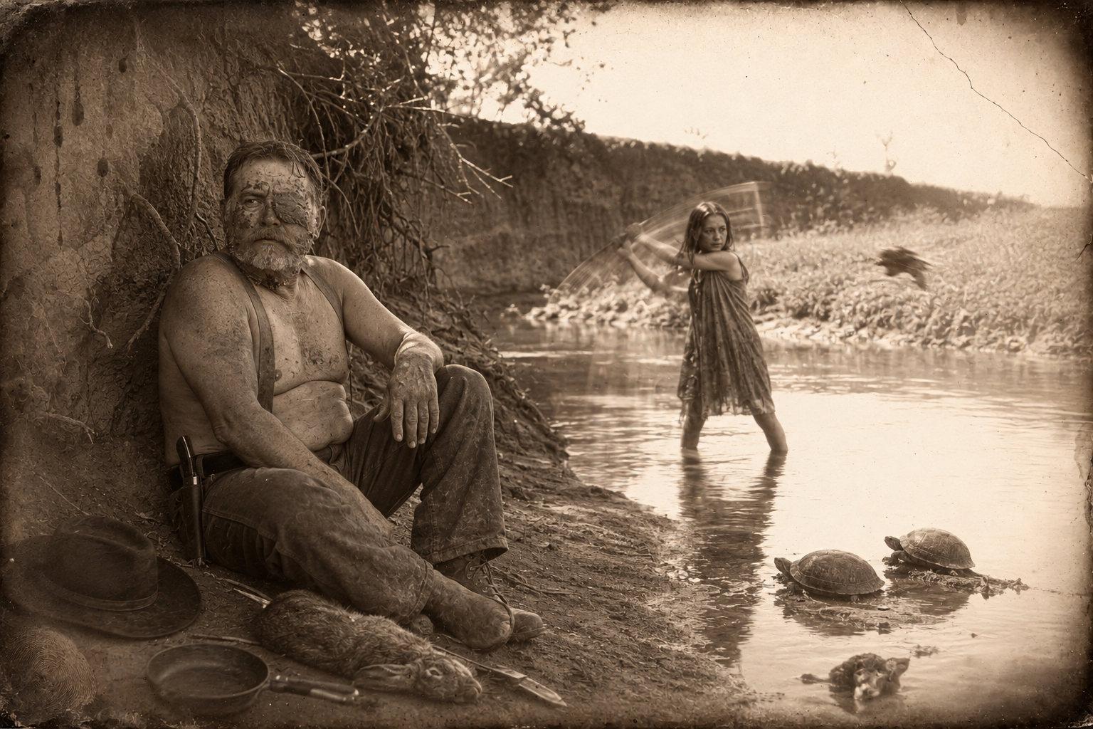 At the creek, his face packed with mud poultices and one eye swelled shut, Roscoe watches Janey knock the bullfrog out of the air with a stick.