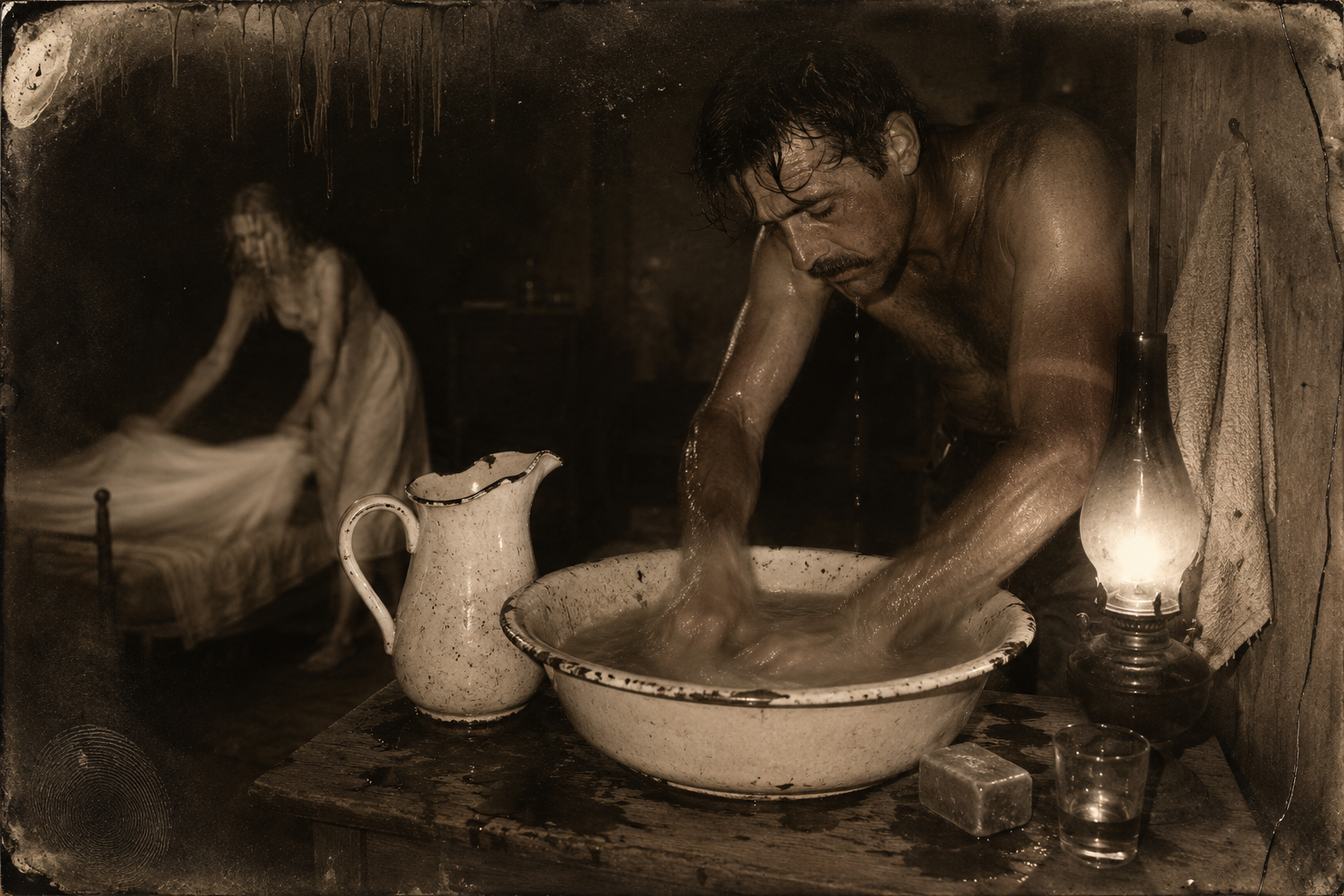 Jake washes off as best he can in the little washbasin while Lorena puts her one spare sheet on the bed — "Let's leave tomorrow."