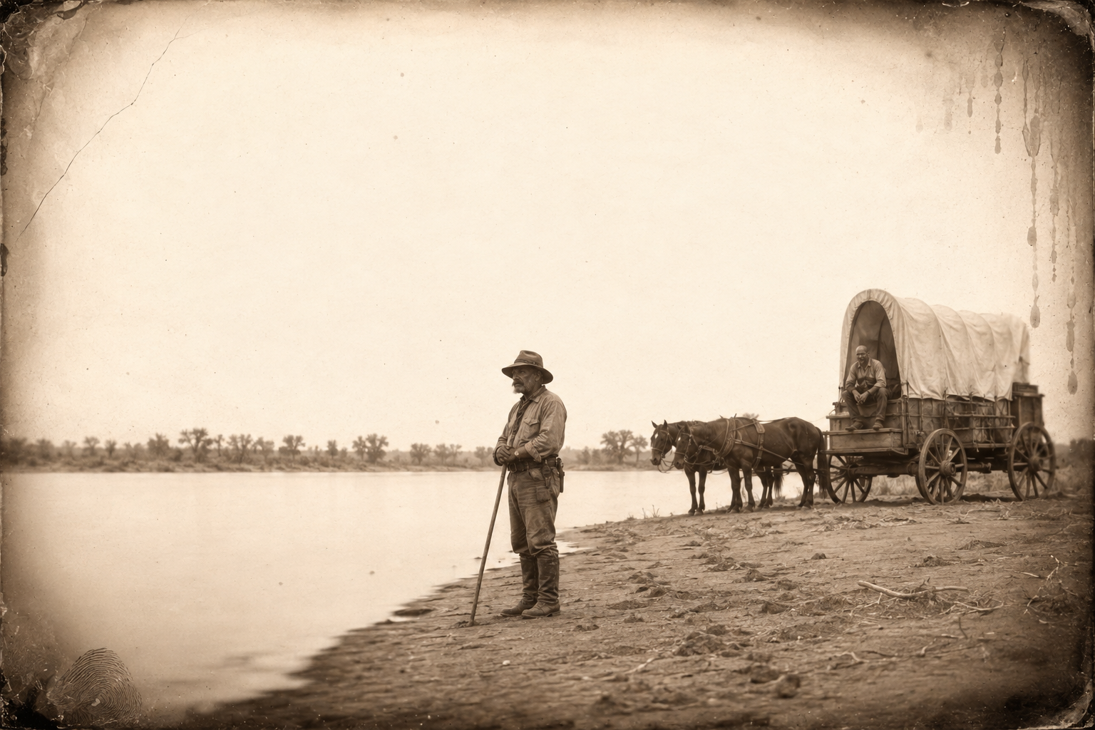 Po Campo lingers at the Platte's edge thinking of his dead sons, letting the herd get three miles ahead, Lippy waiting in the wagon.