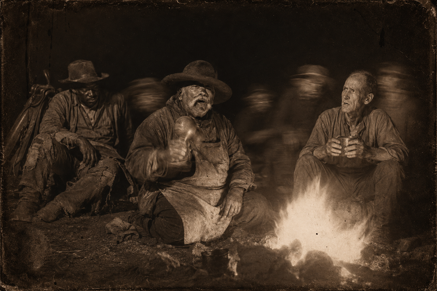 Camp that night — Po Campo shakes his gourd rattle and sings in Spanish, so sad it stands the hair up on Pea Eye's neck: "I don't sing about myself. I sing about life."