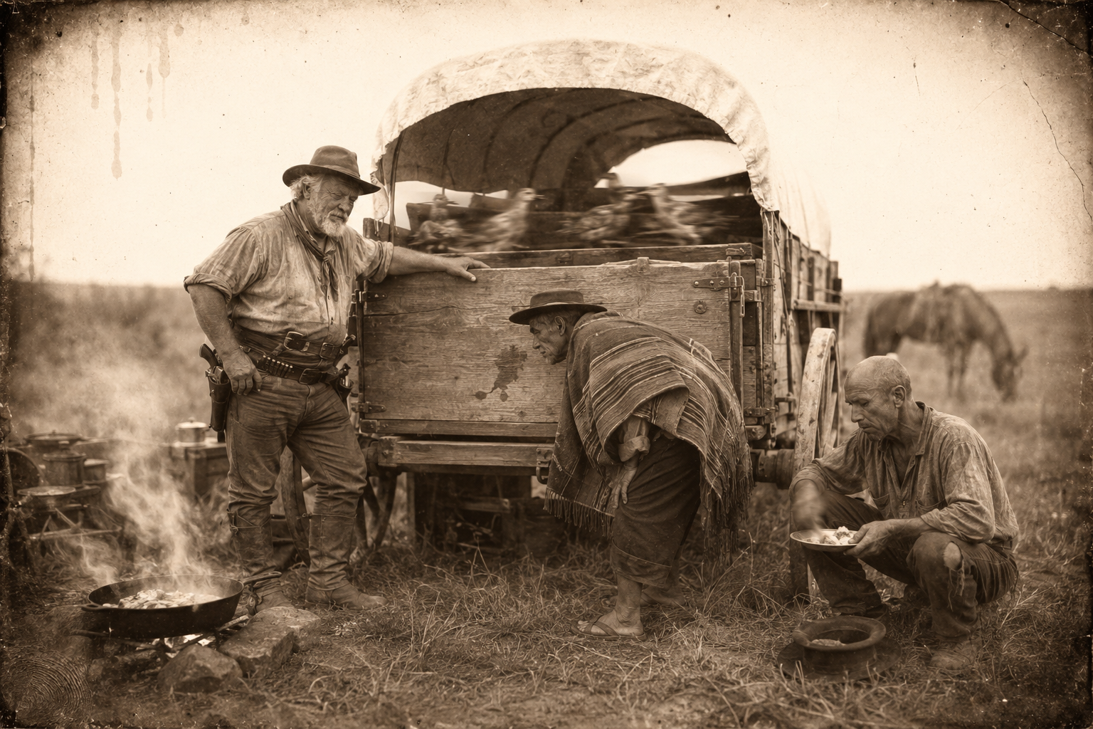 Augustus spits on the chuck wagon boards and Po Campo bends over the expectoration to read his matrimonial fortune.