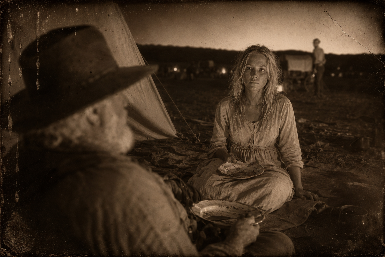 Supper outside the tent with the Irishman singing in the distance, Gus talking about Jake, Lorena feeling nothing.