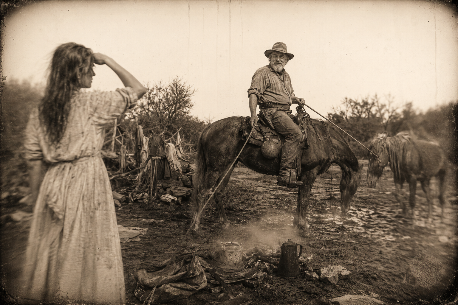 Augustus rides into the muddy camp leading Lorena's recovered mare and asks whether there is any coffee left in the pot.