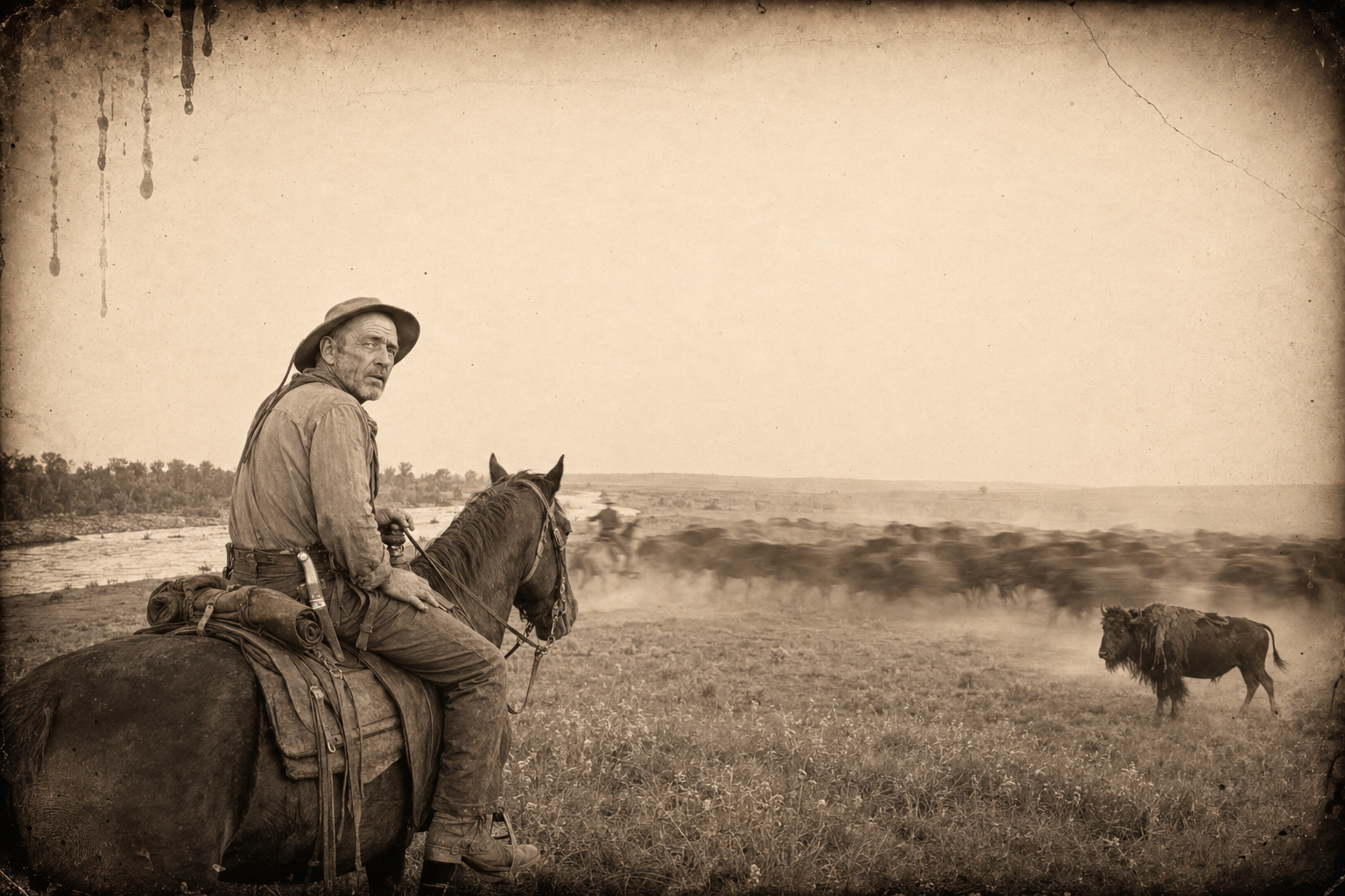 Past the Yellowstone, Augustus runs the buffalo for the pleasure of doing it once more while Pea Eye, caught by surprise, is left far behind.