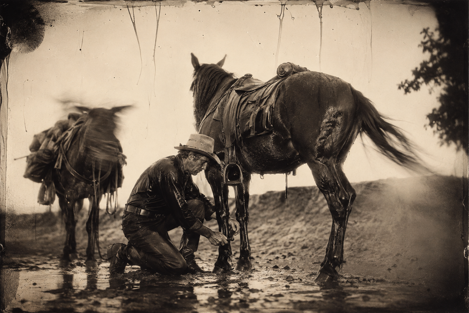 Jake, in the dark and the blowing sand, gets the hobbles onto his own horse and the pack mule, having let the mare go.