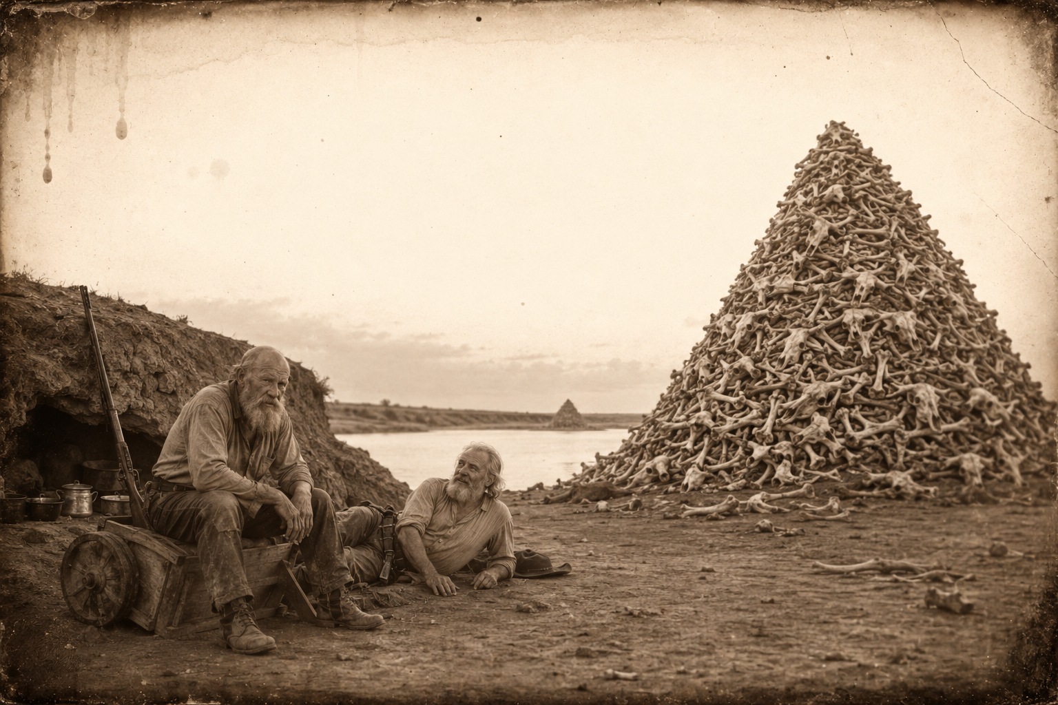 At sundown by the Canadian, Aus Frank turns the empty barrow over and sits on it beneath his pyramid of bones, telling Augustus that Blue Duck burned Bob alive and rides with six Kiowas.