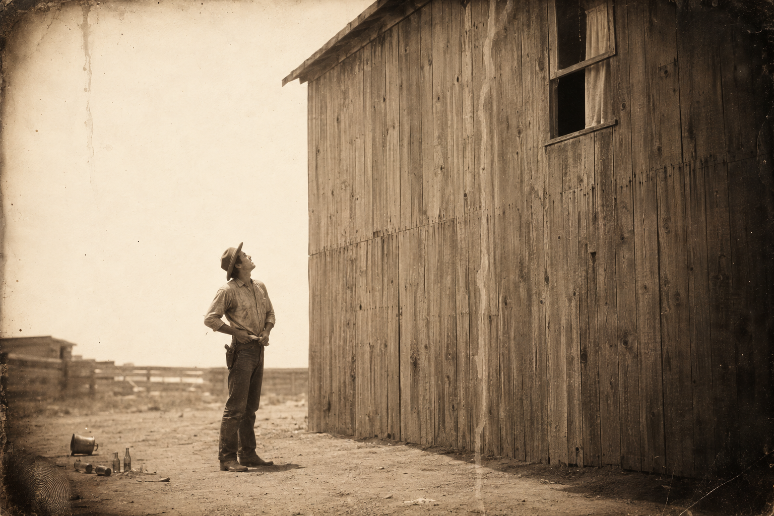 Behind the Dry Bean, tucking in his shirttail, Dish hears the cornshuck bed creaking in the corner room above him and stands paralysed in the heat.
