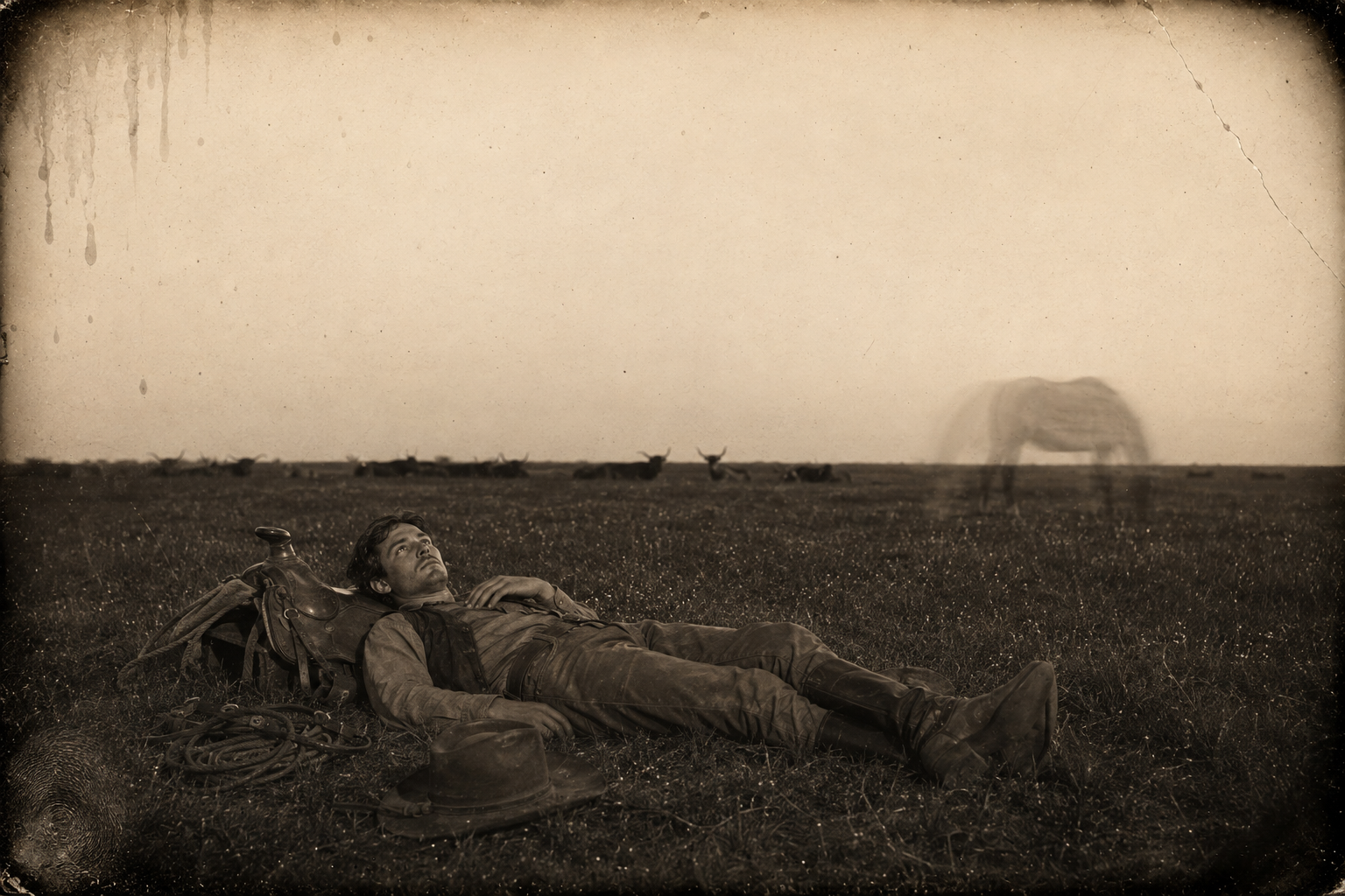 Dish lies awake all night on his blanket with his head on his saddle, thinking of Lorie, the herd bedded and the Irishman singing.