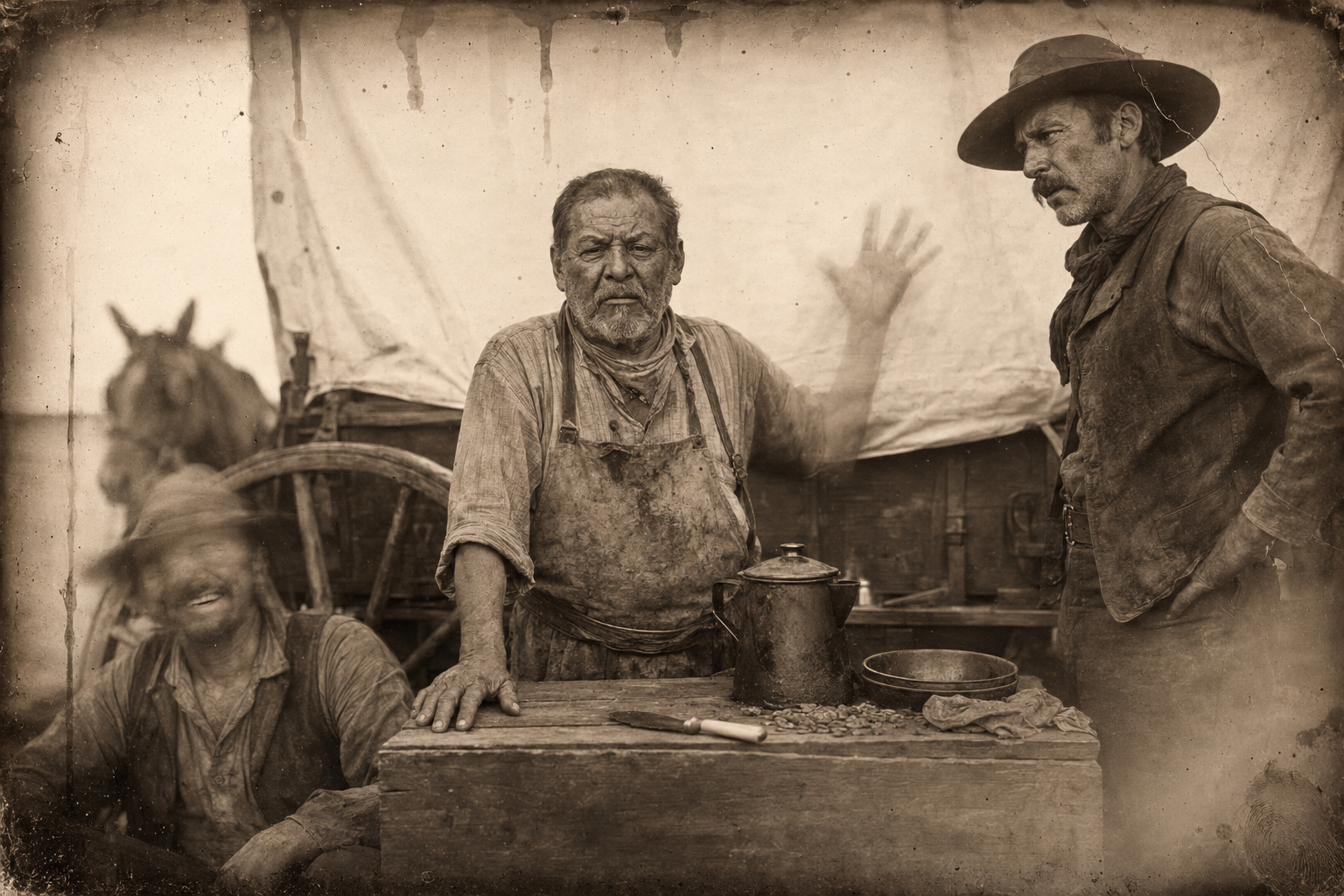 Po Campo, free of his cooking chores, argues at the wagon tailgate that the men should go to the barber instead of the whores.