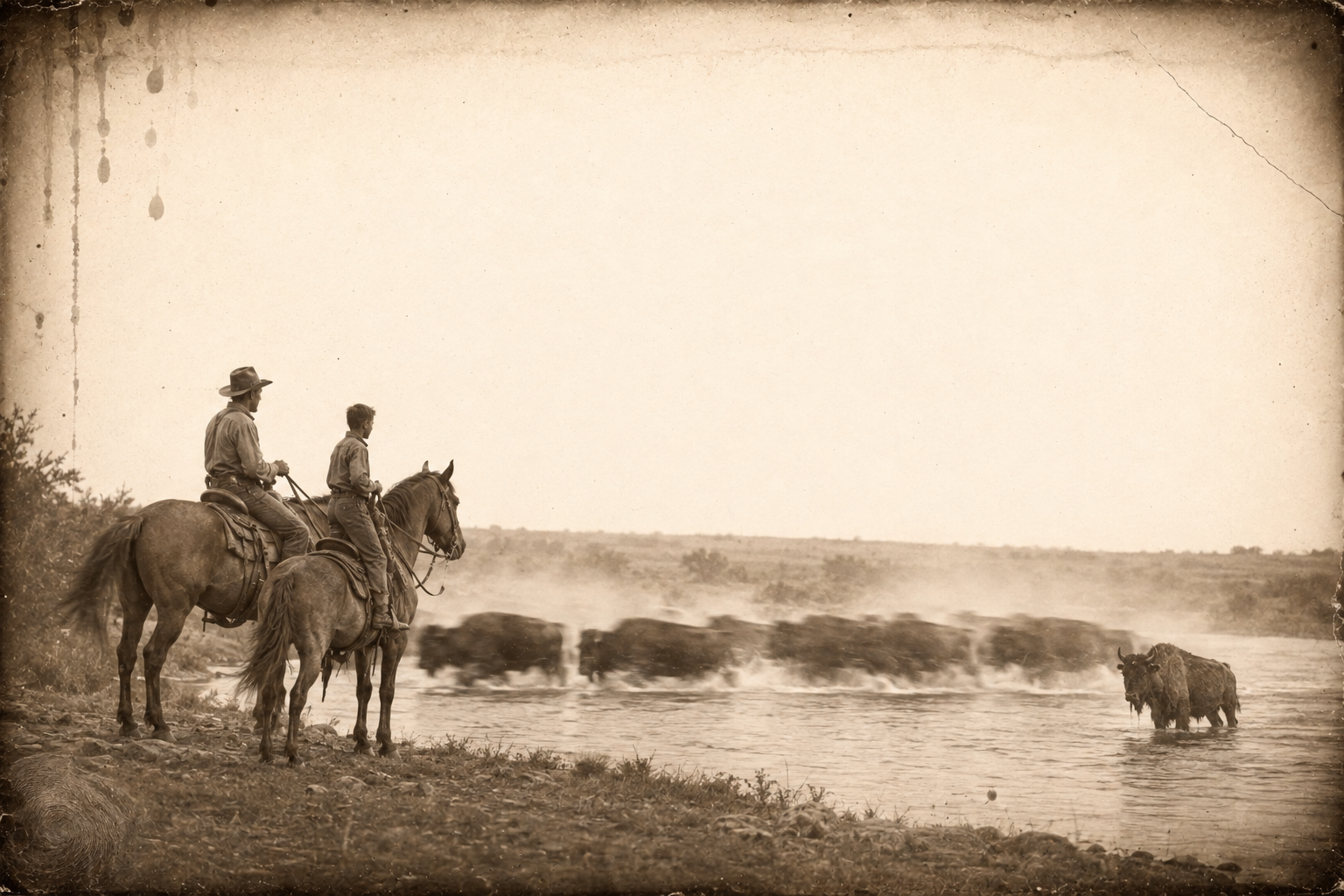 The eight buffalo they surprised cross the little river, and July forgets his gloom long enough to watch.
