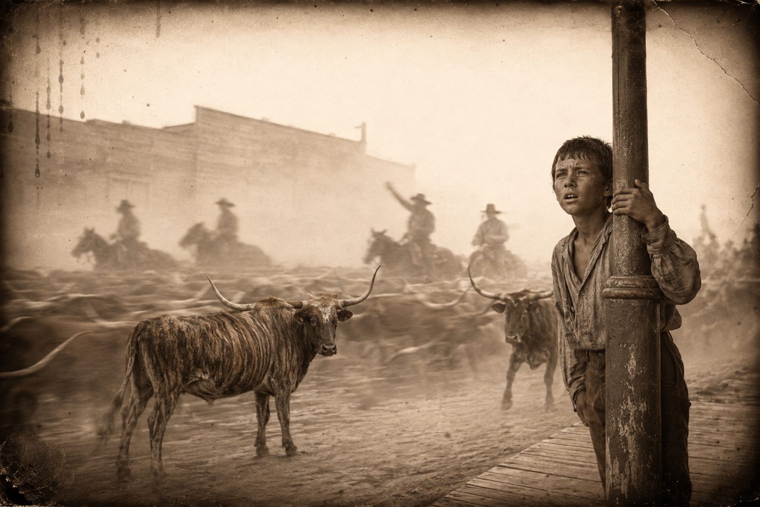 A small herd of wild-looking longhorns is driven right down the street by four equally wild-looking cowboys, and Joe watches, hoping to see one roped.