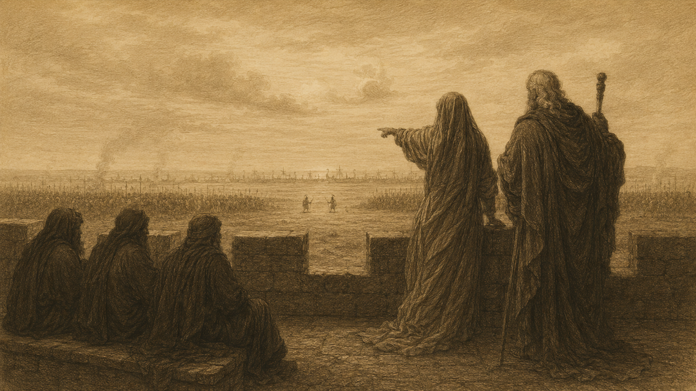 Pen-and-ink: Helen on the Walls; the Duel of Paris and Menelaus