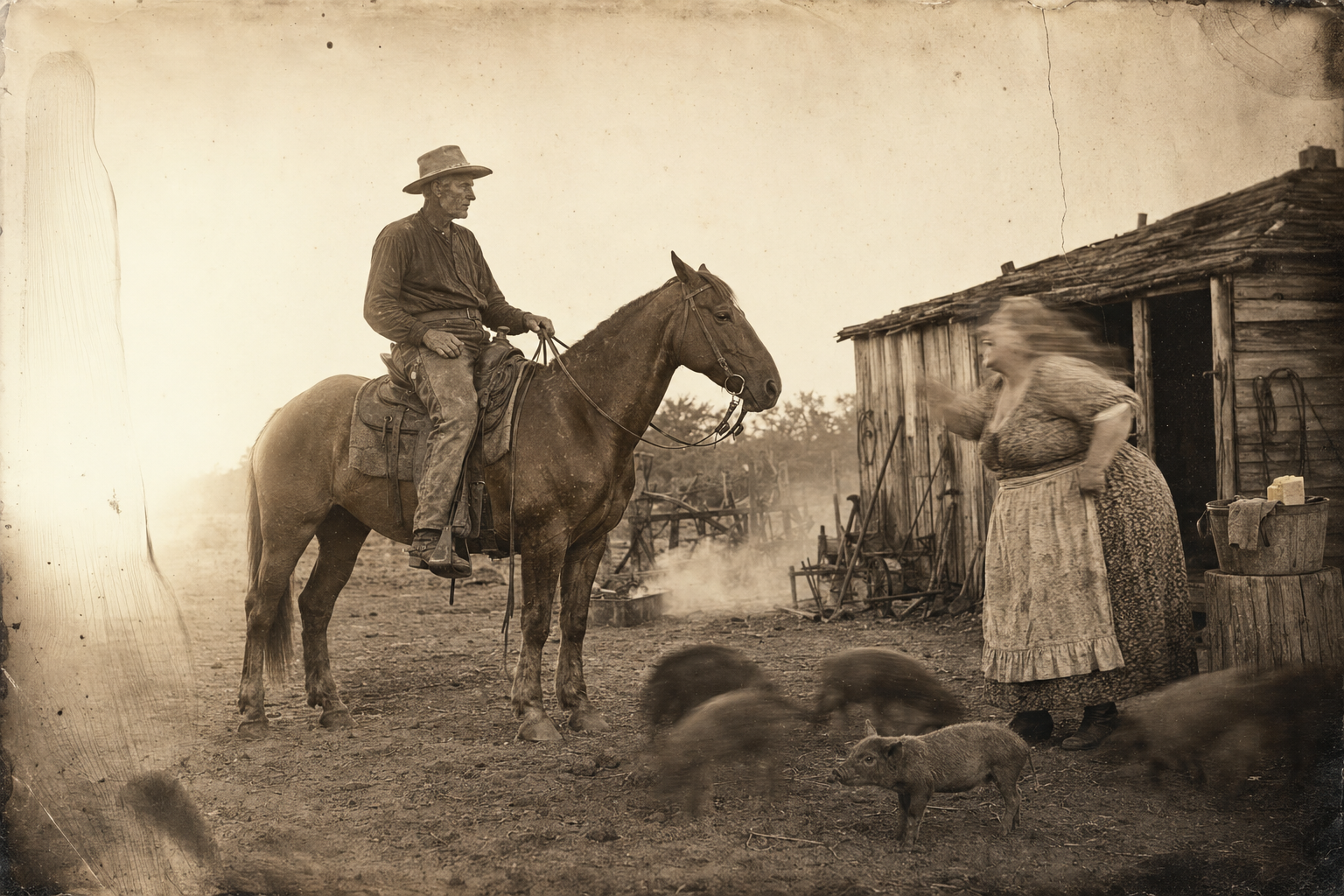 Call makes the Rainey ranch by sundown; Maude hollers about the shoat before he can even dismount.