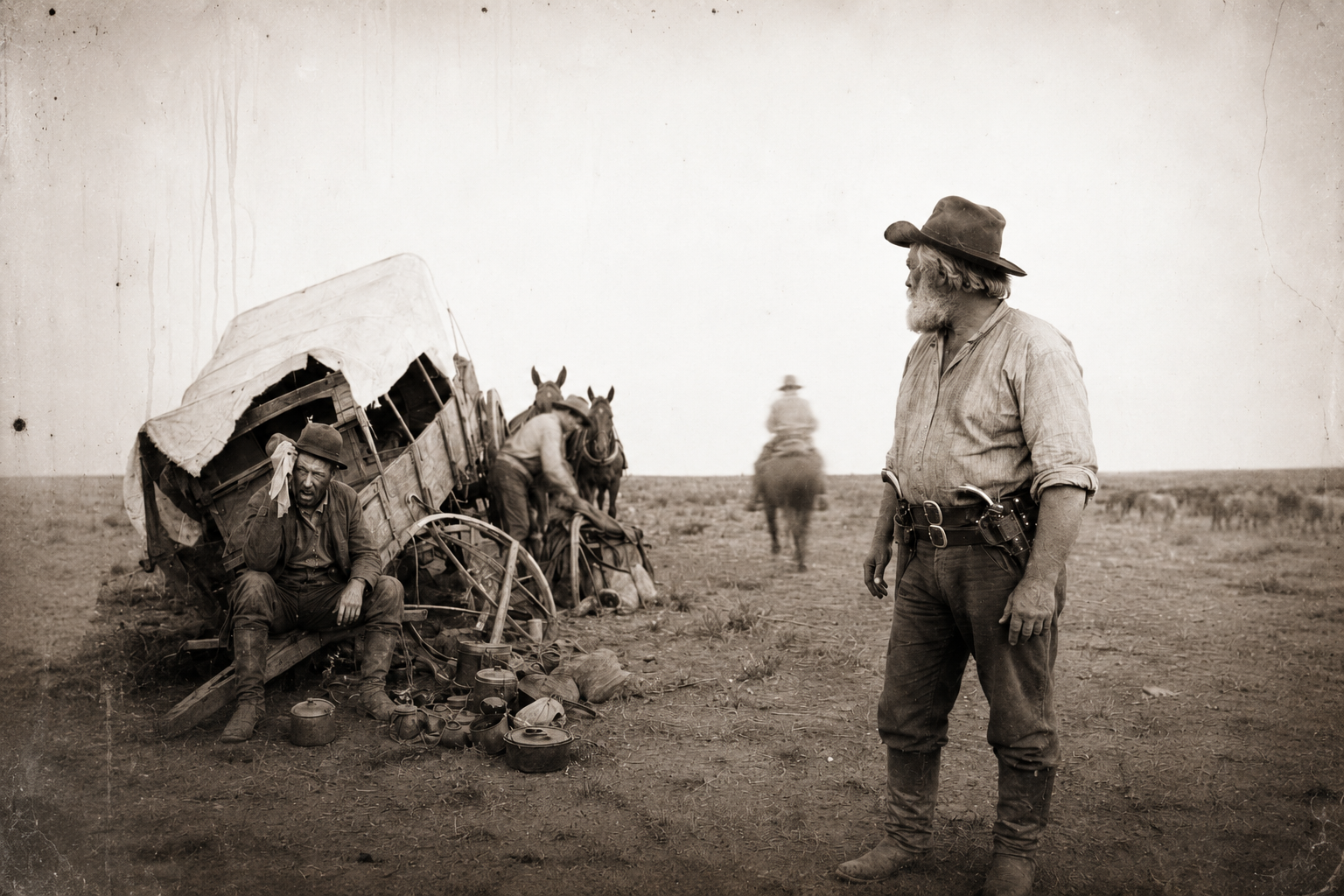 Augustus watches Bolivar ride away south from the wrecked chuck wagon, and pronounces the outfit doomed.