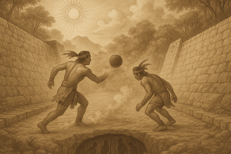 One Hunahpu and Seven Hunahpu playing ball above a stone court, the noise sinking into Xibalba.