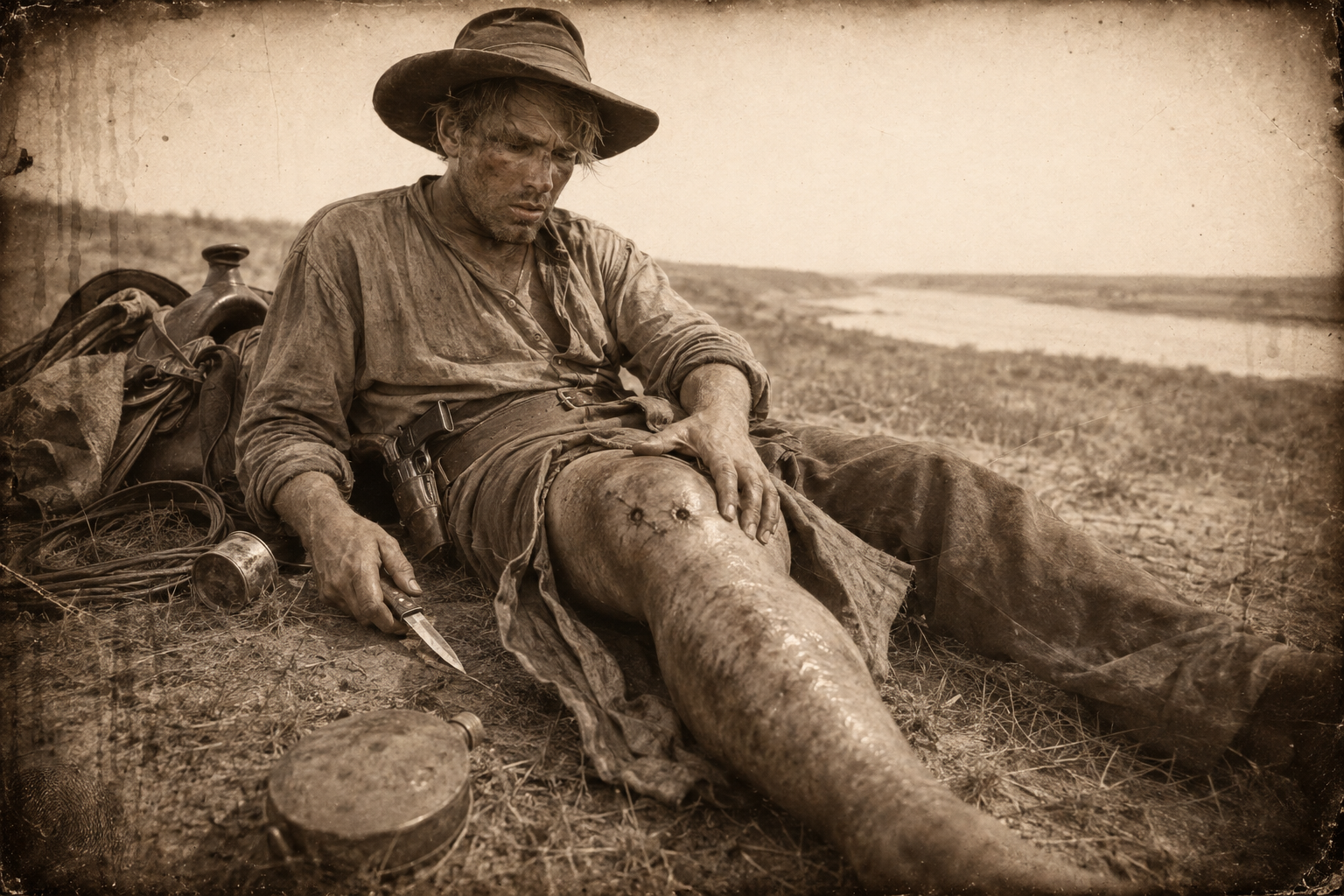 On the bluff above the Republican, July wakes to a leg so swollen he has to cut his trousers open, and finds the fang marks just above his knee.