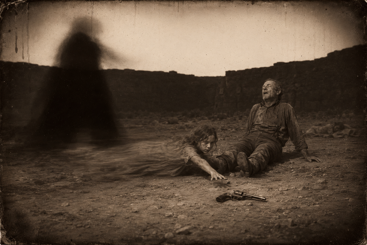 Janey, knocked down, crawls across Roscoe's legs for the dropped pistol while the big shadow comes back and Roscoe, knifed and unaware of it, sits back feeling warm and sleepy.