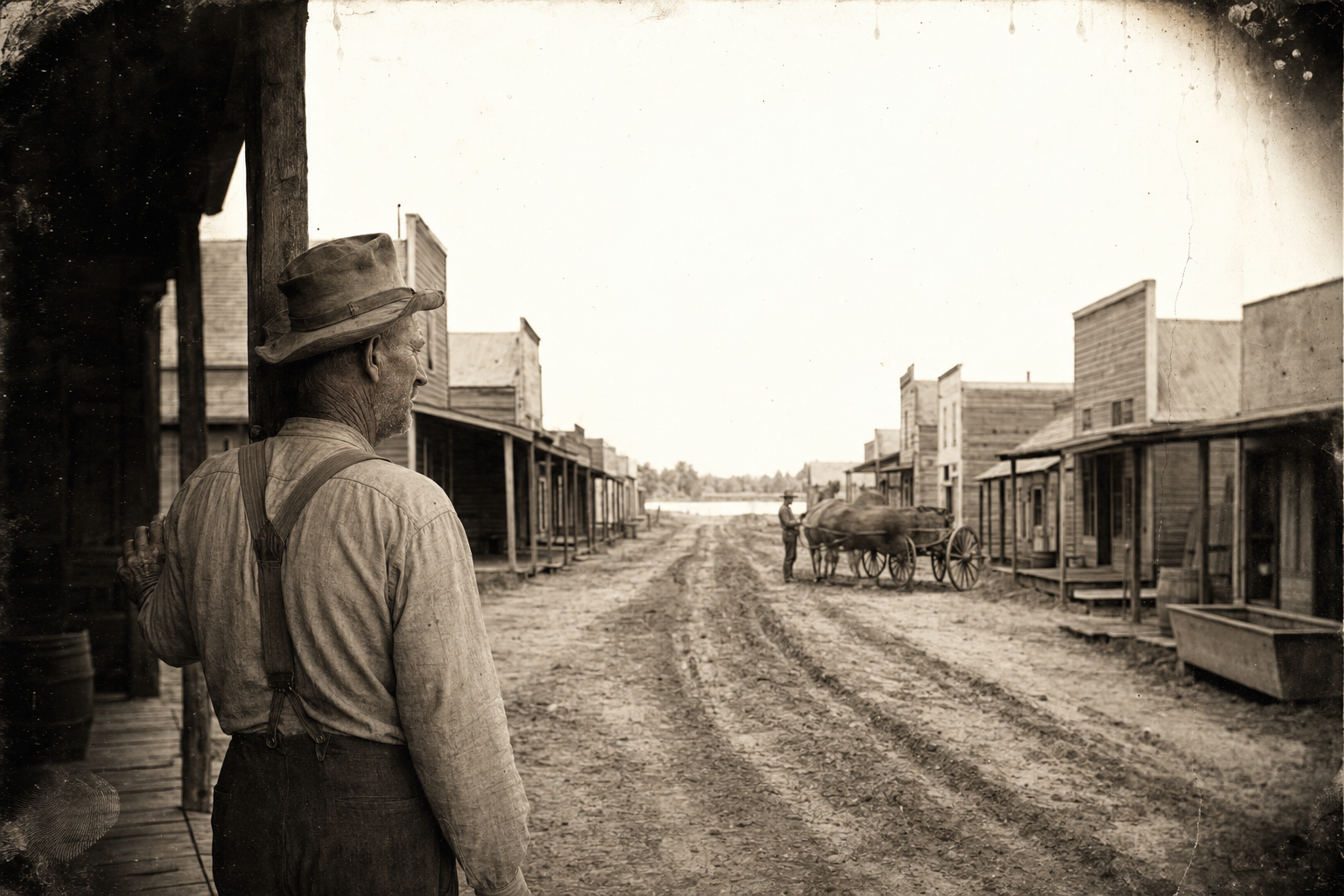 Roscoe walks to the edge of the porch and looks up the street hoping to see Elmira standing in it; there is nobody there but a farmer with a mule team.