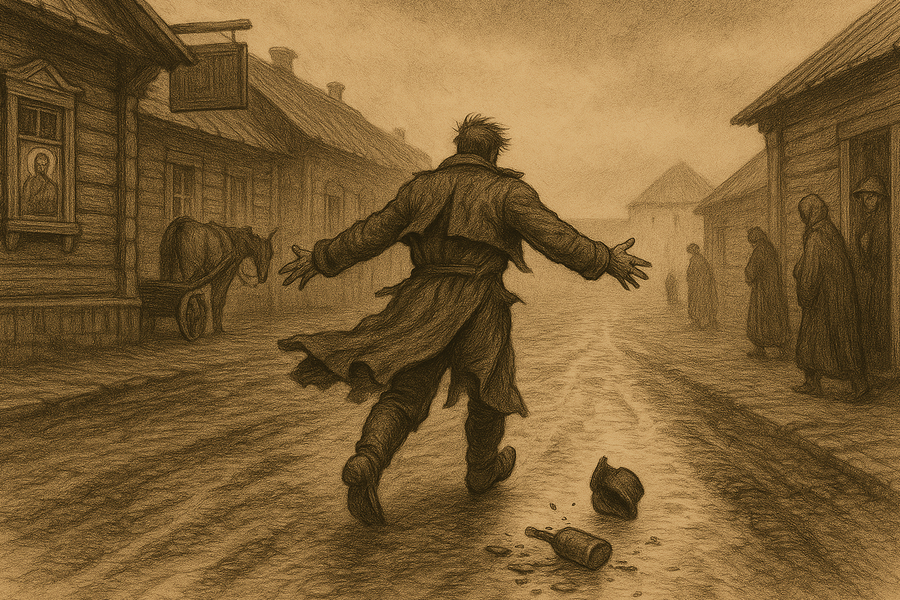 Mitya raging through a muddy provincial street, consumed by love for Grushenka.