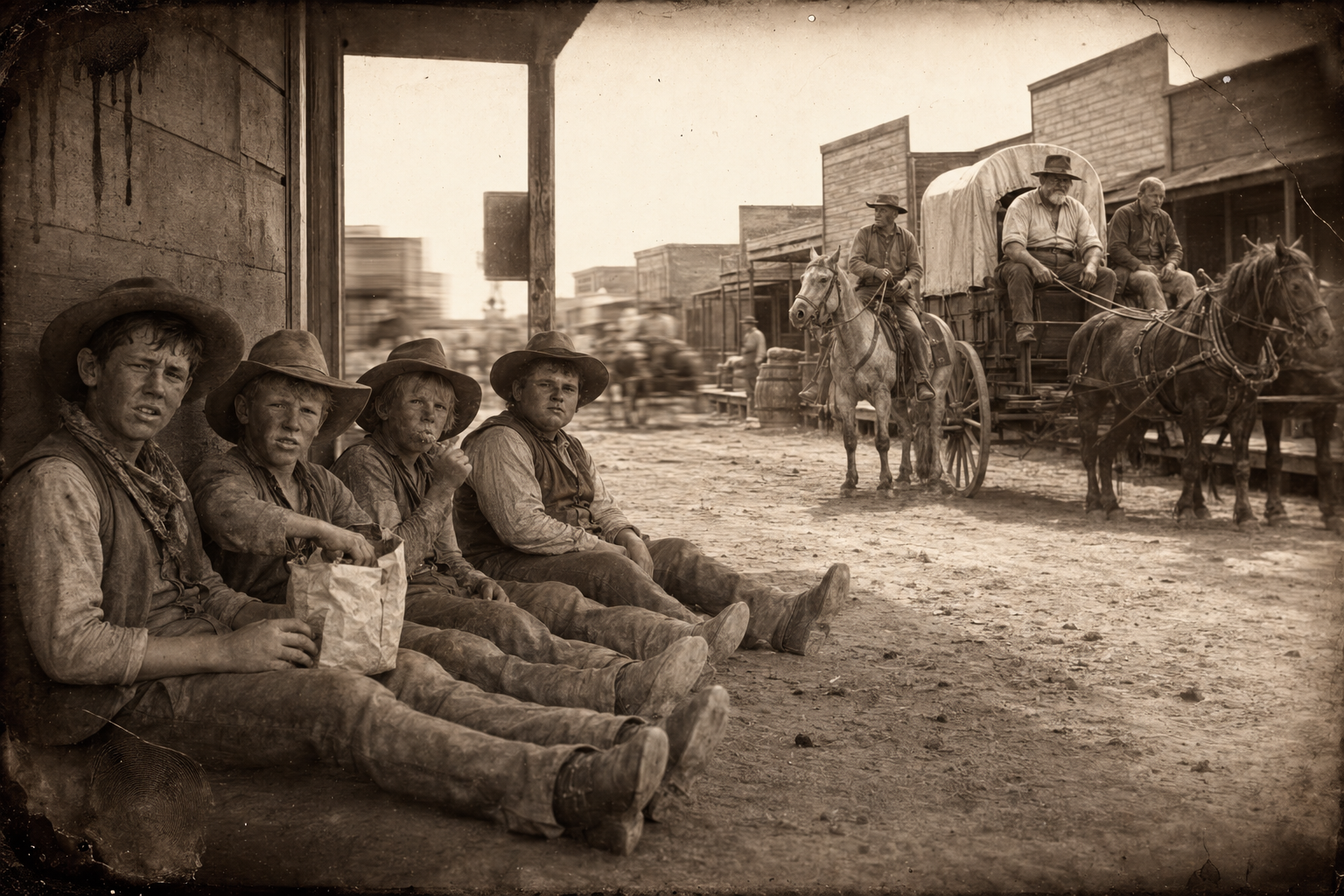 The boys sit in the shade eating a whole sack of horehound candy while Augustus drives the wagon up to the dry-goods store with Call riding beside him.