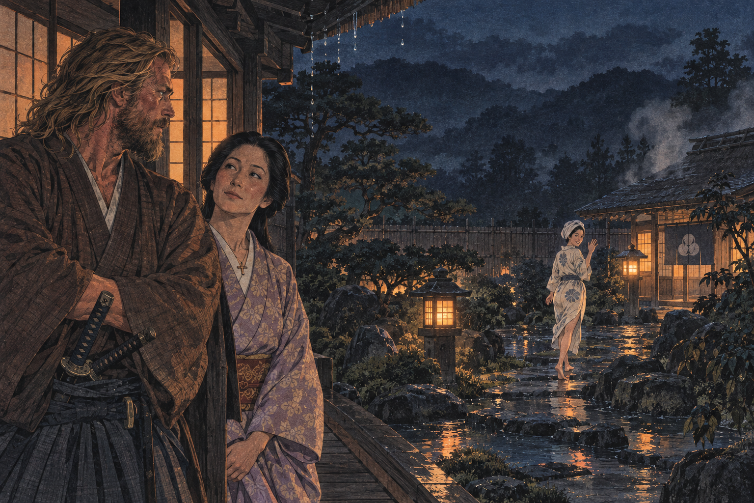 Kiku crosses to the bath house