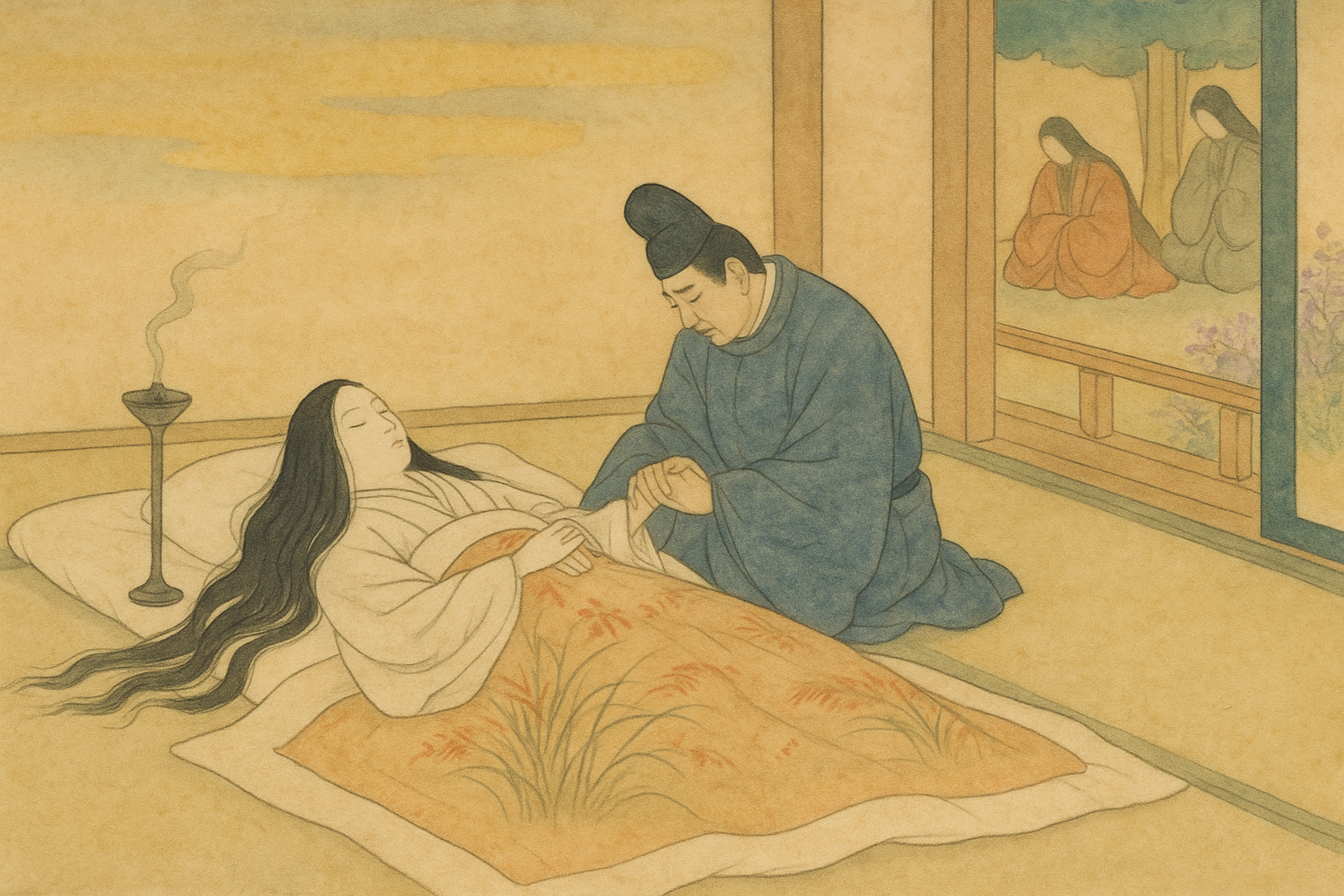 Murasaki no Ue dying in autumn, bush-clover blooming through the open shoji; Genji at her side, the verse failing him for once.