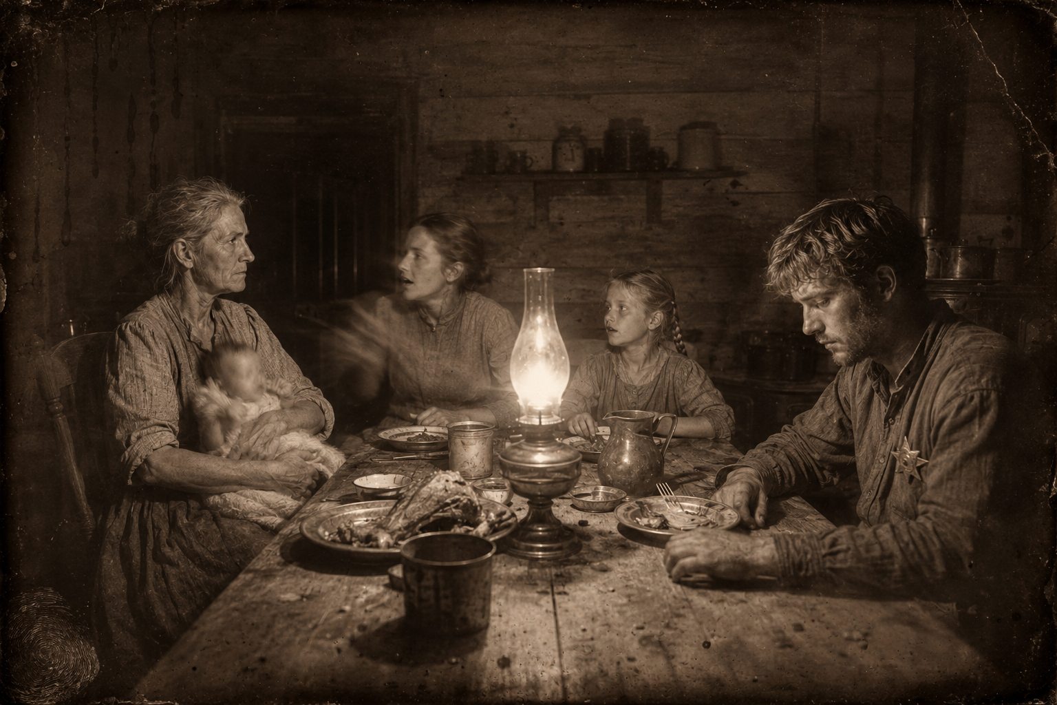At the supper table July sits silent and scarcely touching his food while Clara holds the baby and Sally tells her mother she is mean.