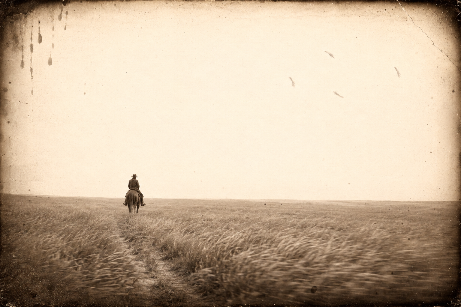 July rides north for days without seeing a person, only hawks and buzzards turning in the empty prairie sky.