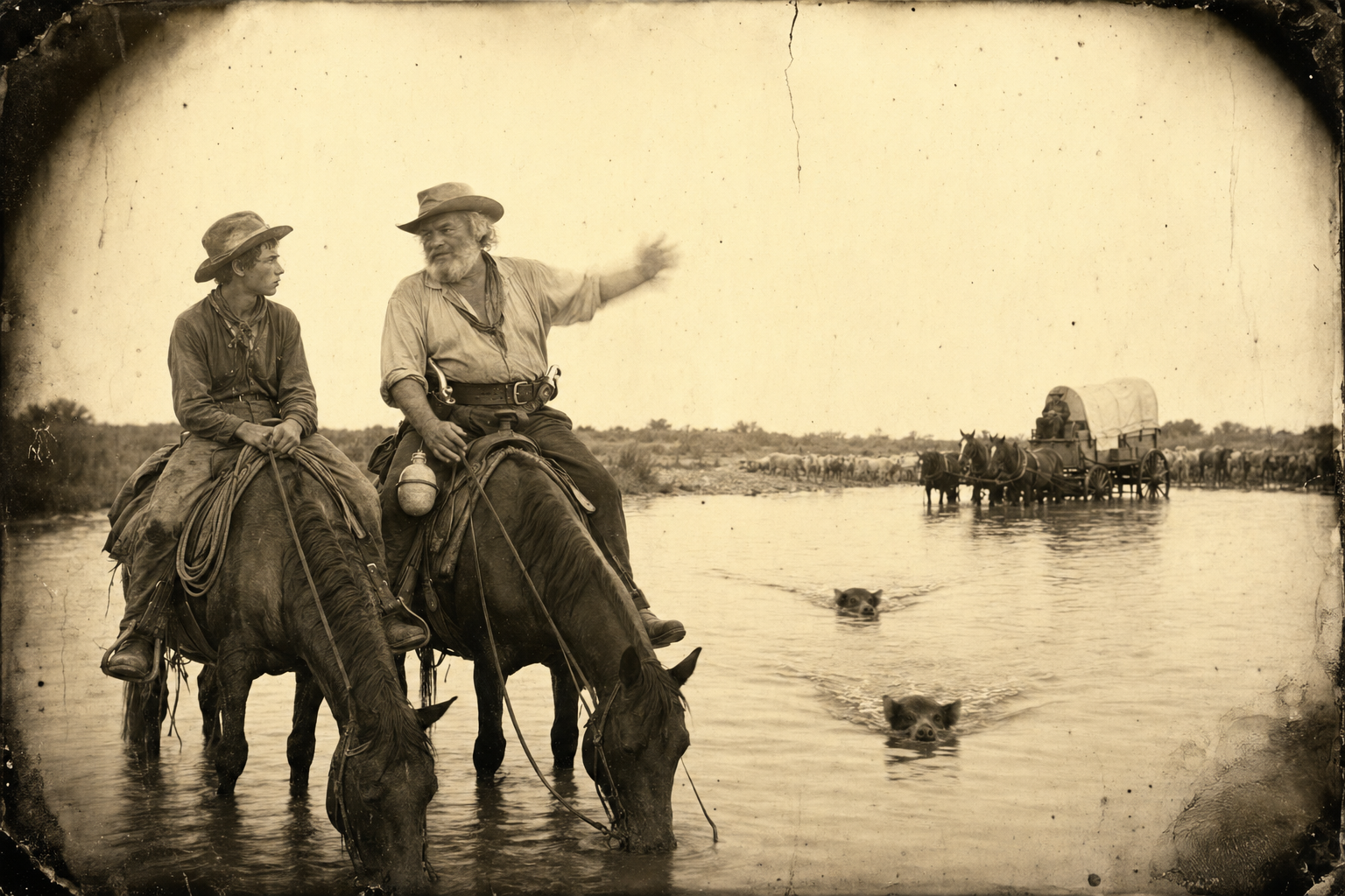 The close — Augustus tells Newt that half of them may get wiped out and that he is no longer quick to duck trouble, while behind them the two blue pigs walk in and swim the San Antonio.