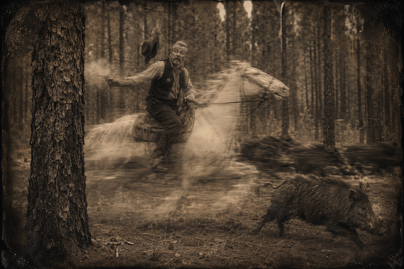 Three hours out of Fort Smith, the wild pigs put Memphis into a runaway through the pines and Roscoe empties his pistol at the boar without hitting anything.