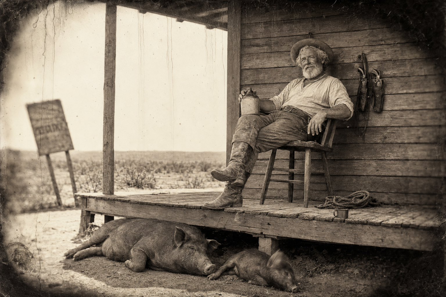 Augustus alone on the front porch in the heat of the afternoon, biding his time with his jug while the blue pigs sleep in the dust.