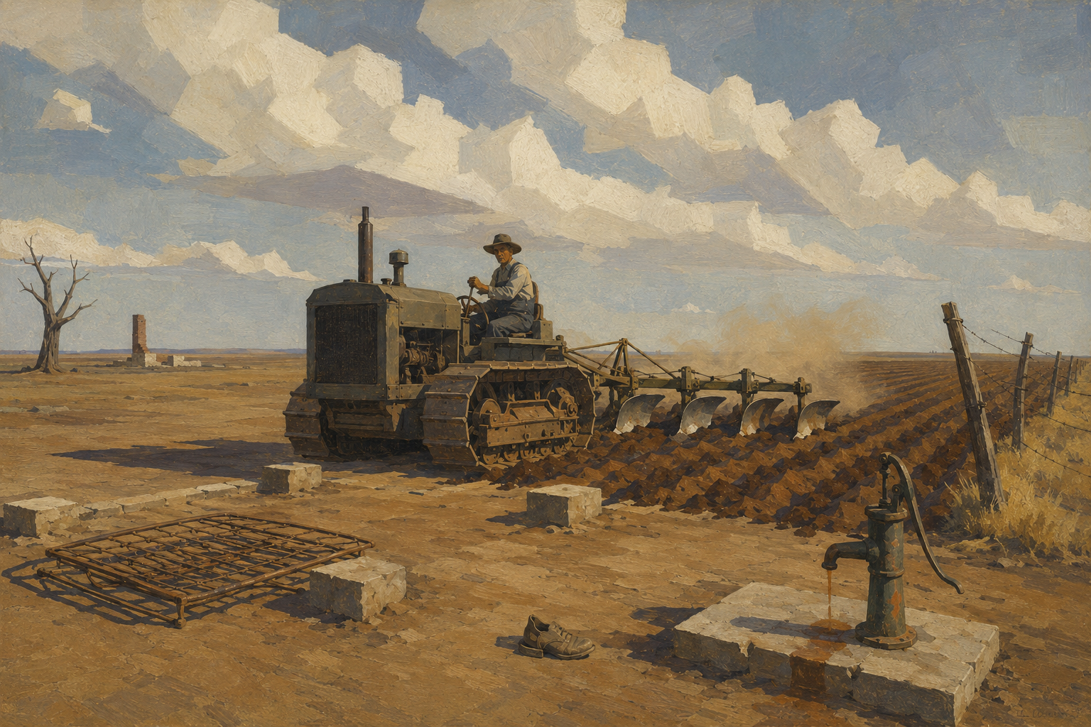 The tractor turns the dooryard under