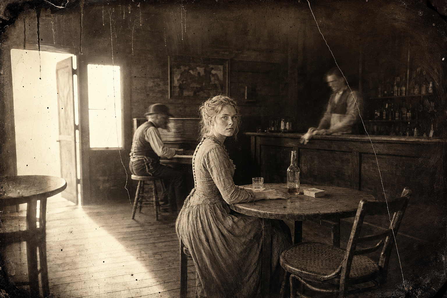 Lorena alone at her table in the Dry Bean, waiting without pleasure for Dish Boggett to come back with the two dollars he has borrowed somewhere.