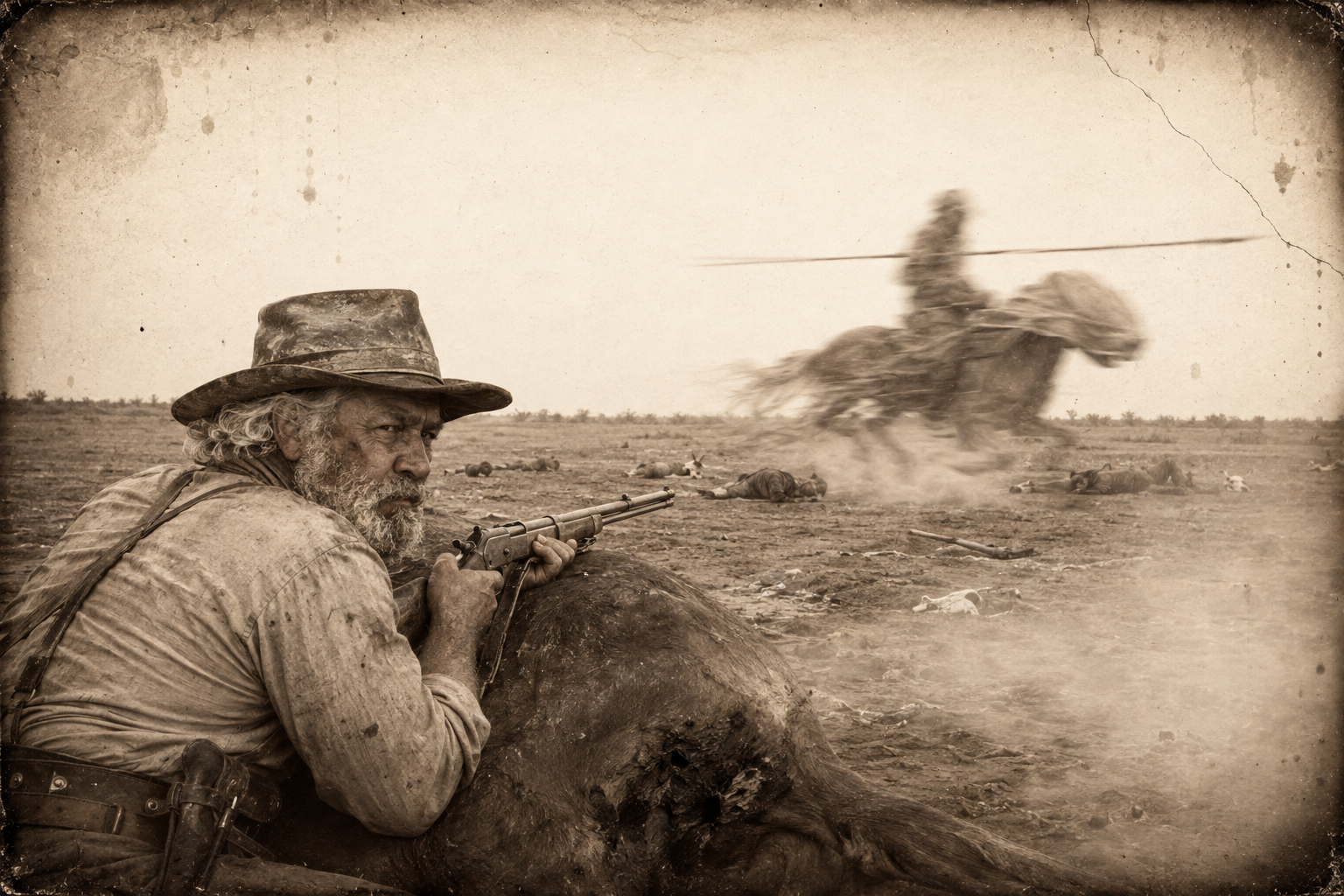 The leader throws a blanket over his horse's head and charges blind, drops his rifle levering it one-handed, and comes on with only the lance; Augustus lets him get to thirty feet.