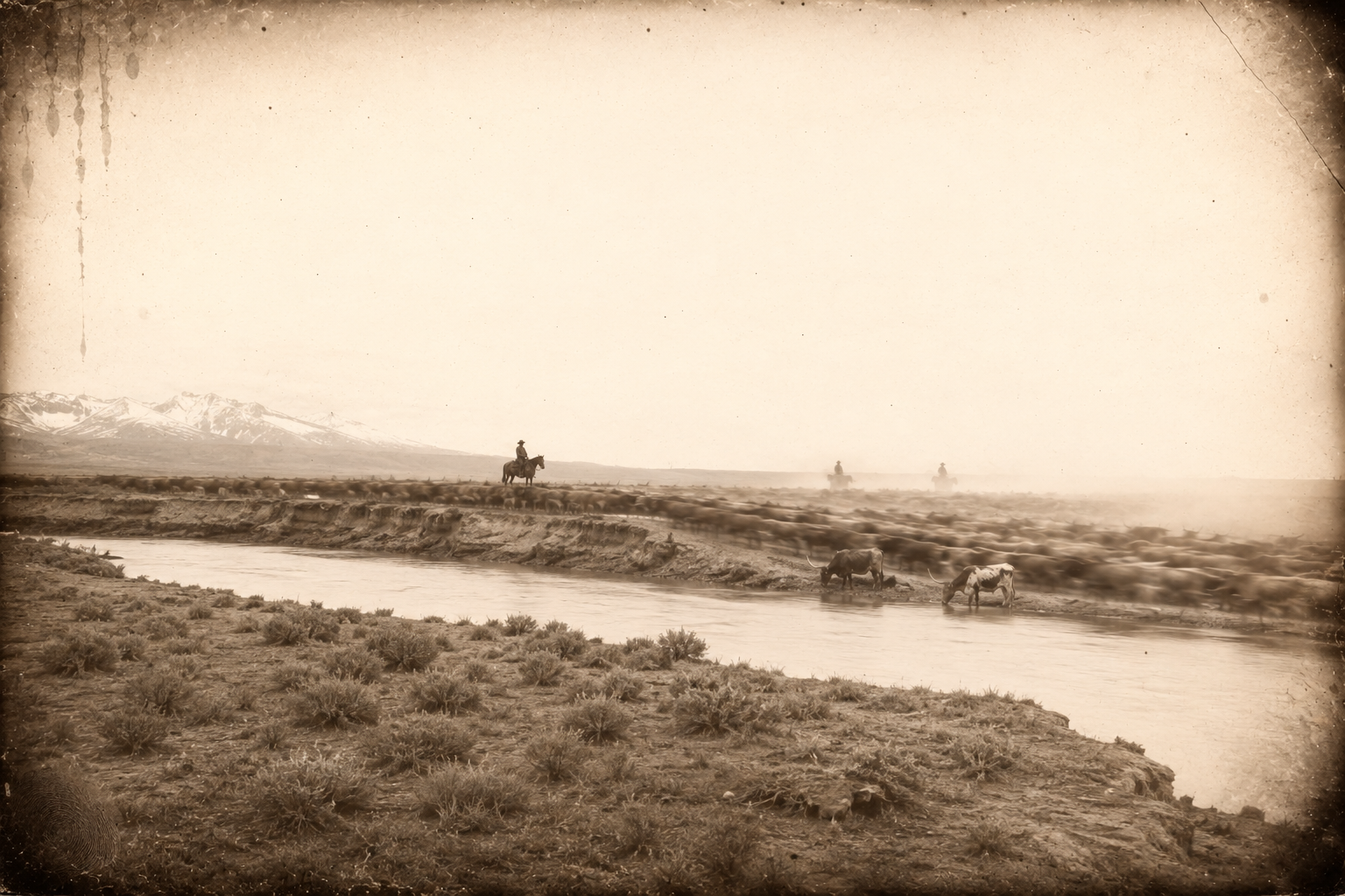 The outfit trails the herd up the Powder River, the snow on the Bighorns showing to the west.
