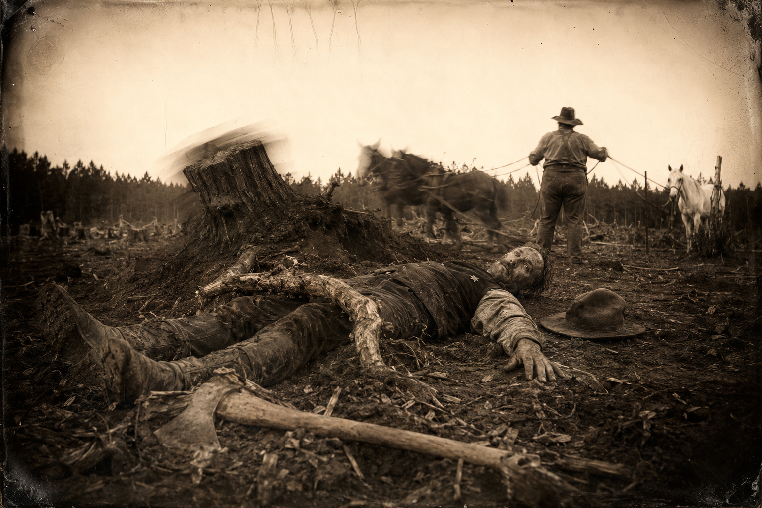 A root slips out of the ground, uncurls and lashes him above the knees; he goes down flat on his back and lies there while the mules bring the stump out and Louisa never looks round.