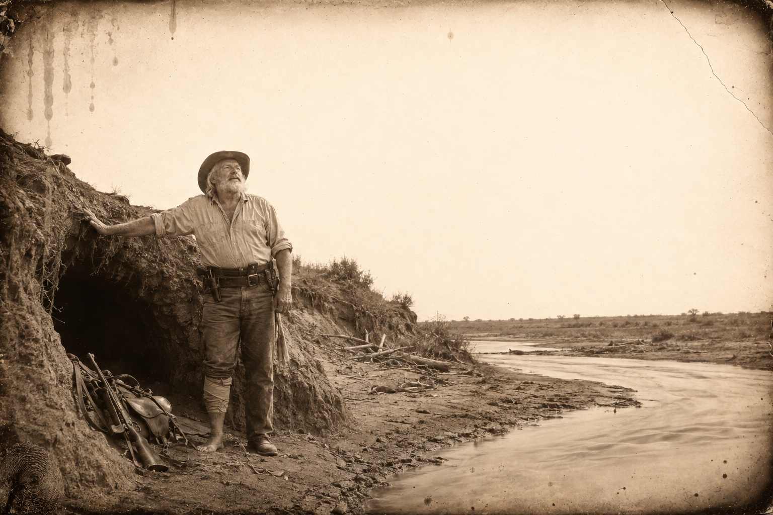 The dawn breaks sunny and Augustus, glad of the sun, eases out of the cave and stands on the bank of the receding creek.