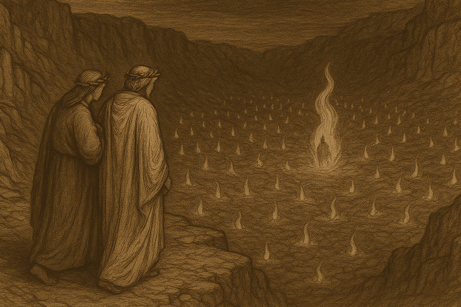 Ulysses imprisoned within a single tongue of flame, speaking to Dante and Virgil on the rim of the eighth ditch.