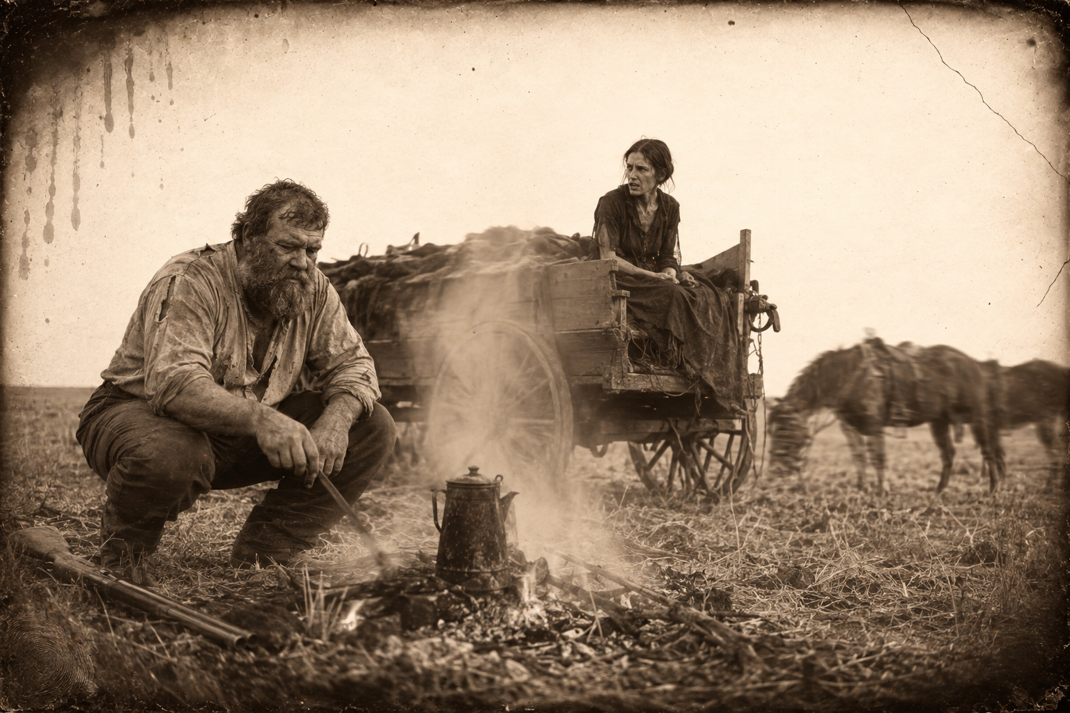 Morning at the camp a few miles out: Zwey worries aloud about the Ogallala Sioux, Elmira's eyes flash at him, and ashamed, he stirs the fire under the coffeepot.