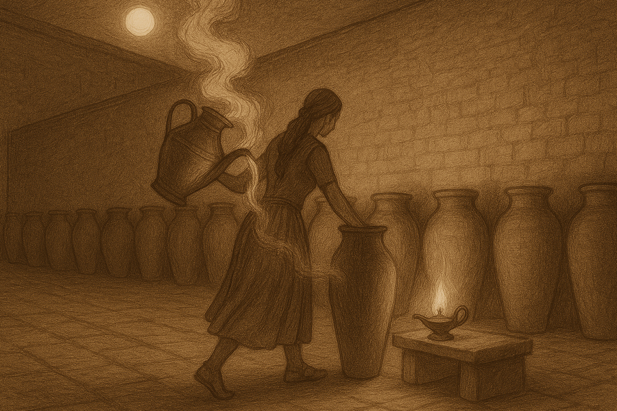 Morgiana in the courtyard at midnight pouring a great copper pot of boiling oil into the row of tall earthenware jars.