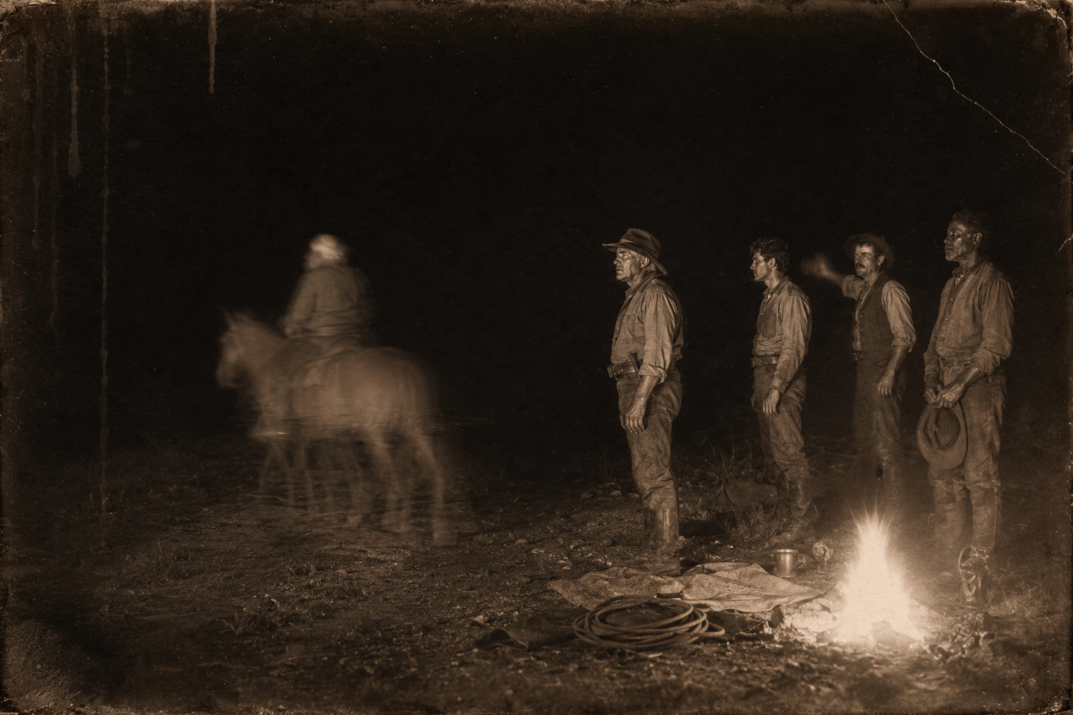 Augustus rides the sorrel out of the firelight alone after Blue Duck, refusing Dish and Jake, with nobody to look behind him.