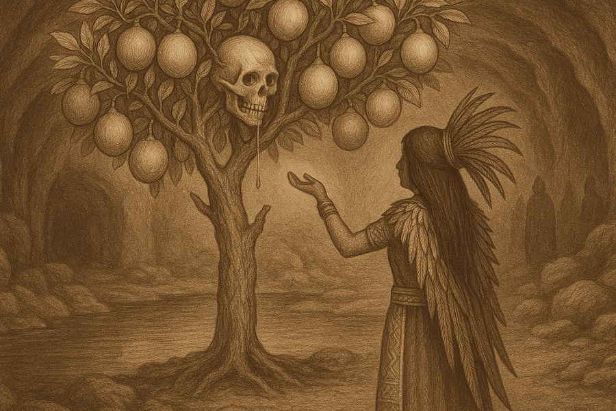 The calabash tree heavy with fruit, the skull of One Hunahpu spitting into Blood Moon's open hand.