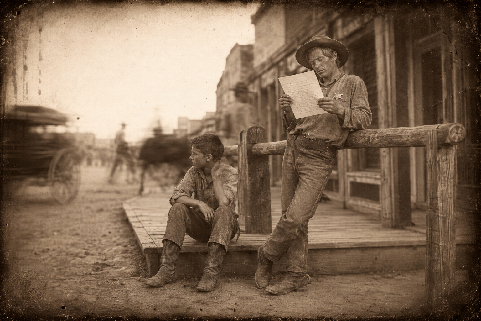 Outside on the board sidewalk, July leans against the hitch rail working through Peach's hen-scratchy letter while Joe sits watching the traffic.