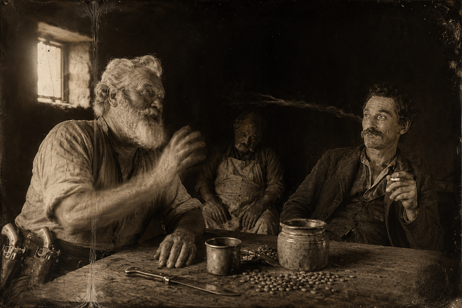 In the kitchen, Augustus tells Jake how he burned Deets's lice-ridden sheepskin coat and blamed a buffalo hunter.