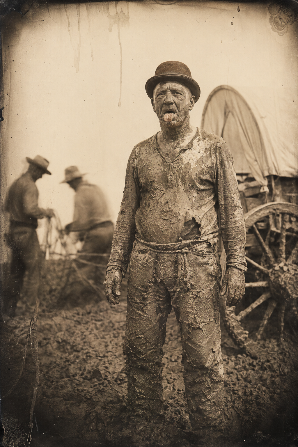 Lippy, having got out to push, stands beside the freed wagon covered in mud practically up to his lip.