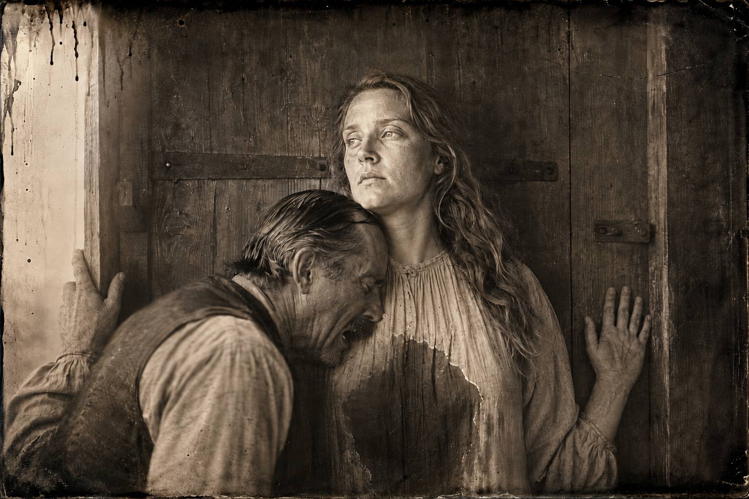 Xavier's head against her bosom, weeping, Lorena's back against the shut door — her shift wet through with his tears.